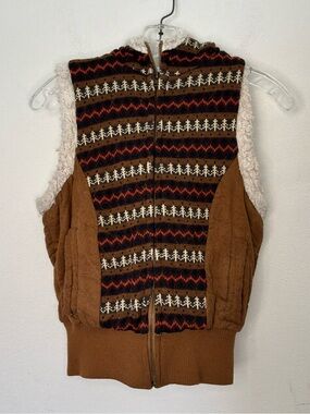 Iris Basic Fair Isle Faux Fur Lined Hooded Vest Size Small Brown
